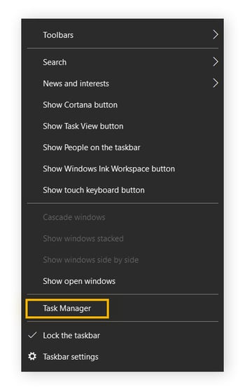 The user has right-clicked the taskbar and Task Manager is circled.