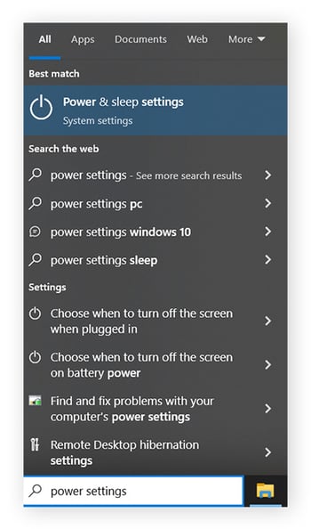 "Power settings" has been typed into the taskbar, and Power & Sleep Settings is highlighted.