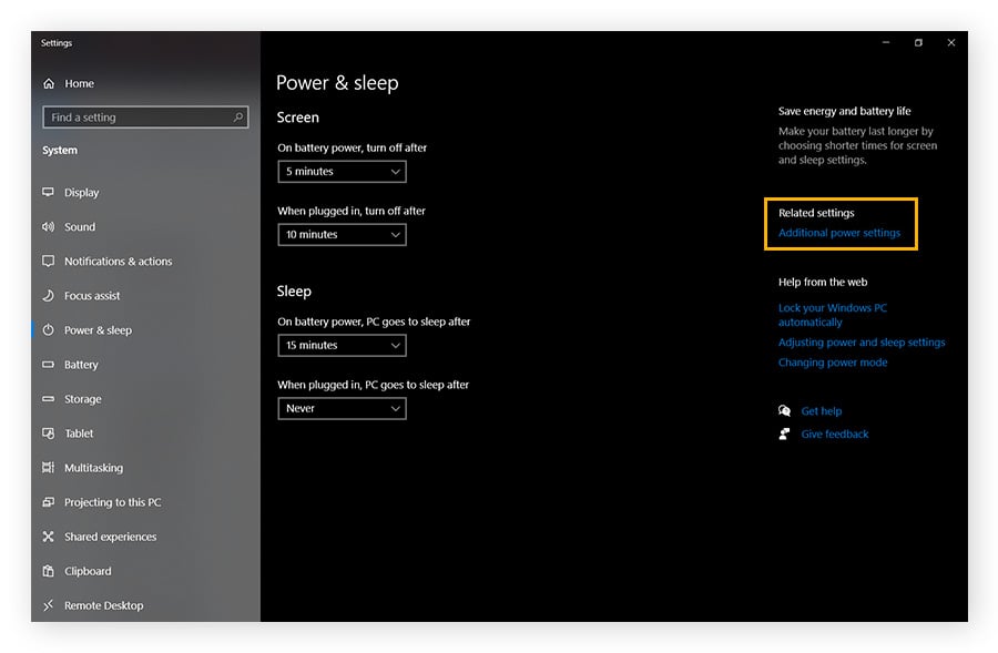 The basic power & sleep settings in Windows. Additional power settings is circled.