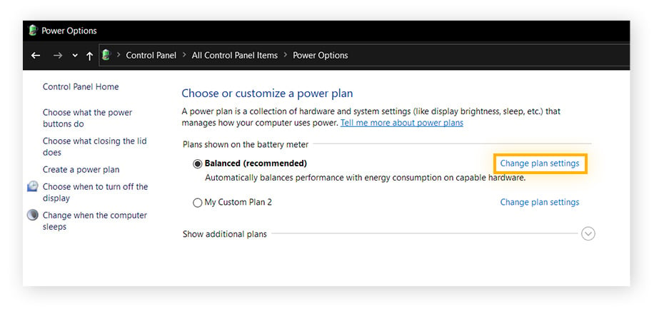 Power plan customizations in Windows. Change plan settings is circled next to the plan currently in use.
