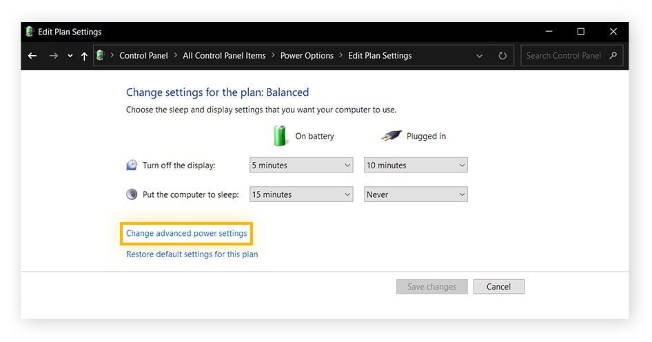 The screen for editing power plans in Windows. Change advanced power settings is circled.