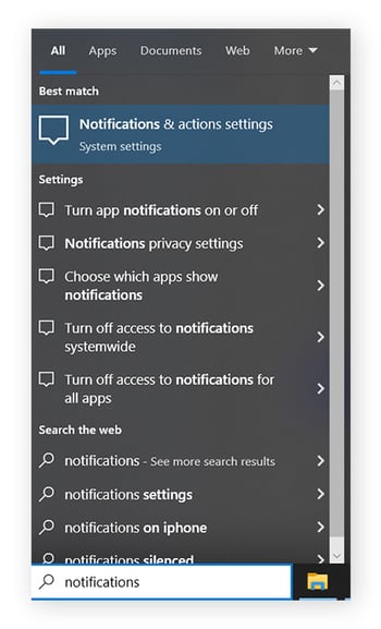 "Notifications" has been typed into the taskbar and "Notifications and actions settings" is highlighted.