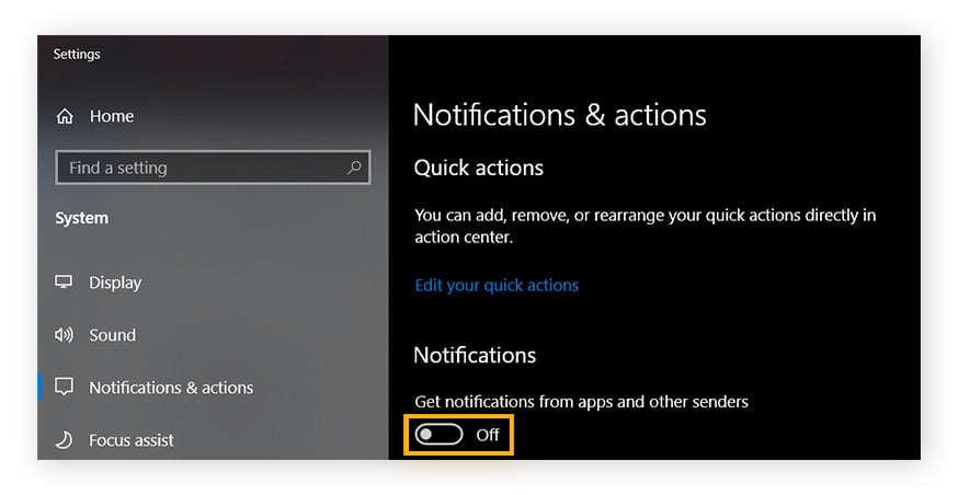 Una vista delle impostazioni “Notifiche e azioni” in Windows. Il dispositivo di scorrimento sotto Notifiche è su OFF.