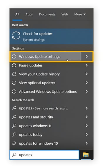 "updates" has been typed into the taskbar and Windows Update settings is highlighted by the mouse