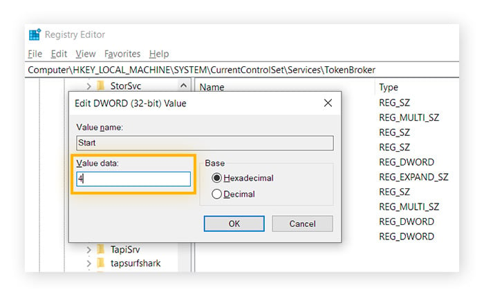 Modifying a value for an entry in registry editor.