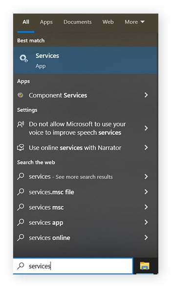 "Services" has been typed into the taskbar and the Services app is highlighted.