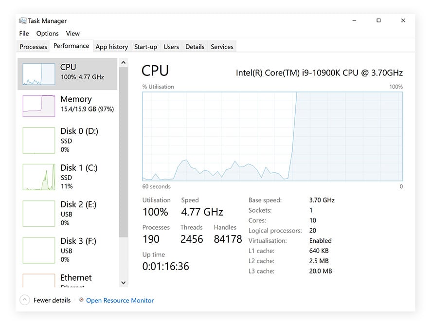 The Windows Task Manager showing high CPU usage on Windows 10