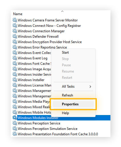 Opening Windows Module Installer properties