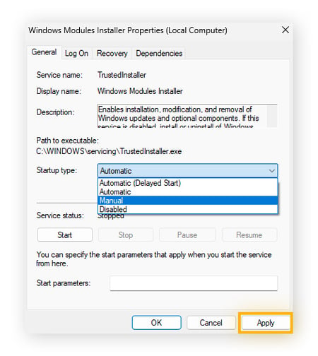 Auswählen des manuellen Starttyps für den Windows Module Installer