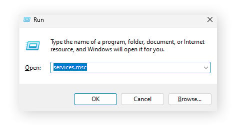  Typing "services.msc" in the Run window