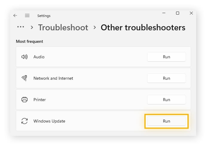 "Other troubleshooters" screen in Windows system settings
