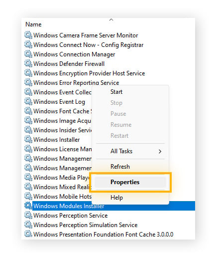 Ouverture des propriétés de Windows Module Installer