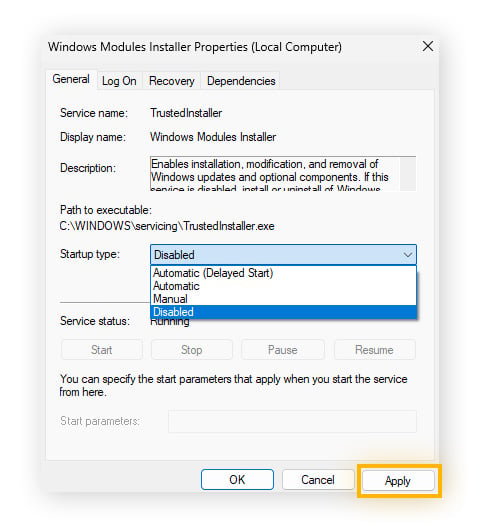  Selecting "Disabled" for Windows Module Installer Startup type