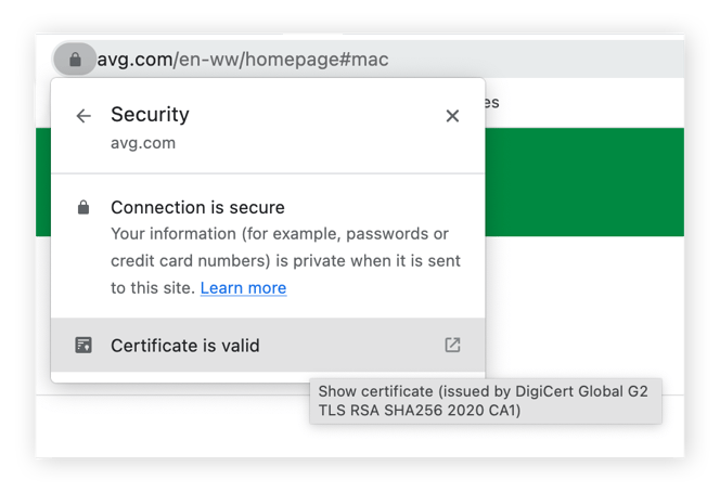 The padlock shows that the AVG site is secure and has a valid certificate