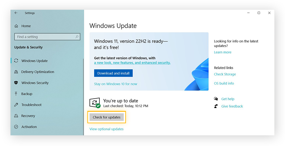 Update and Security window in Windows OS
