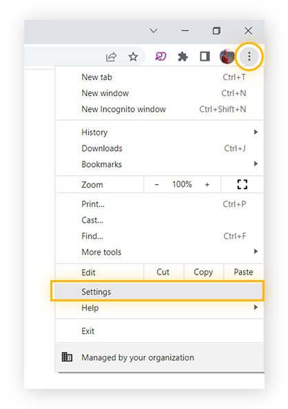 Google Chrome, 3 dot menu expanded, Settings is highlighted