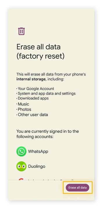 Tap Erase all data to confirm the factory reset.