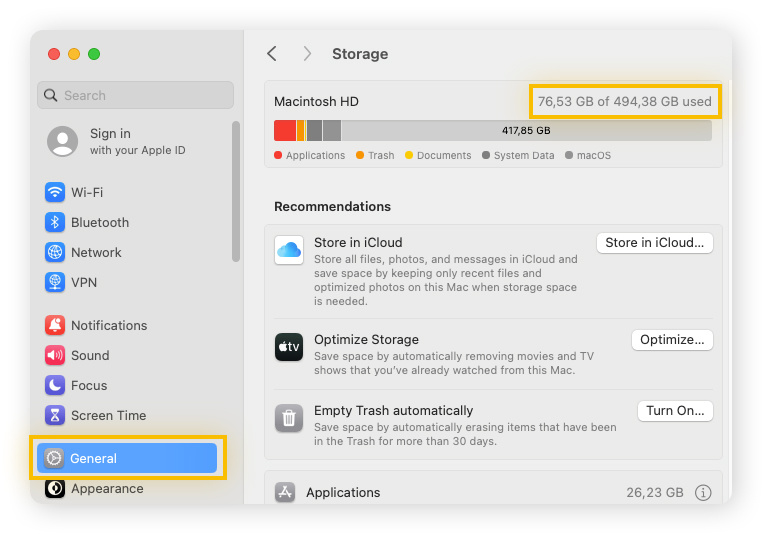 Find out how much free disk space you have on macOS Sonoma or Ventura in System Settings, General, Storage.