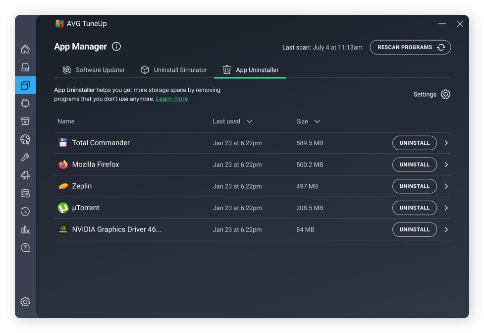 How to free up disk space using AVG TuneUp's App Uninstaller feature.