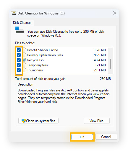 Using Disk Cleanup to clear disk space on Windows.