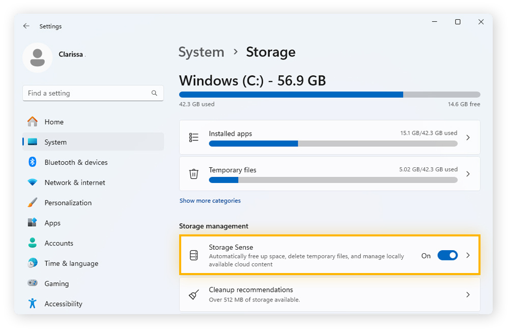 Toggle on Storage Sense to free up disk space on a Windows 10 or 11 PC.