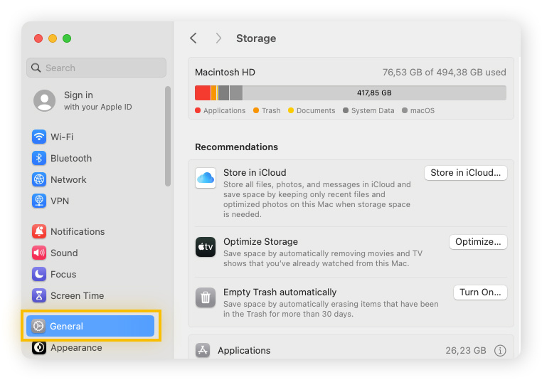 Free up disk space on a Mac by changing storage settings.