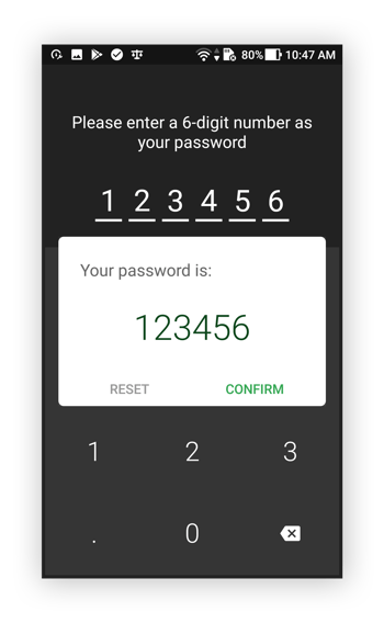 Eingabe einer PIN in Calculator+ unter Android