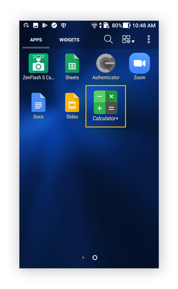 De app Calculator+ in de app-drawer van Android.