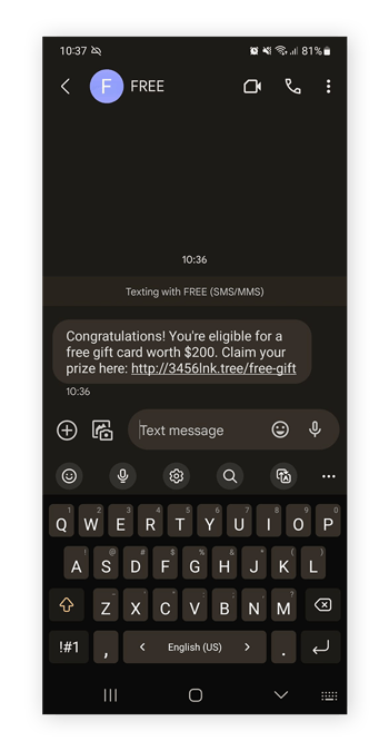 A fake text message that promises a free gift and provides a suspicious link.