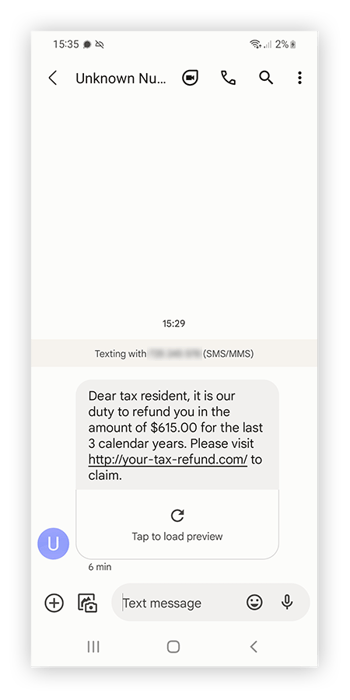 Ejemplo de mensaje de texto falso de una entidad financiera en Android.
