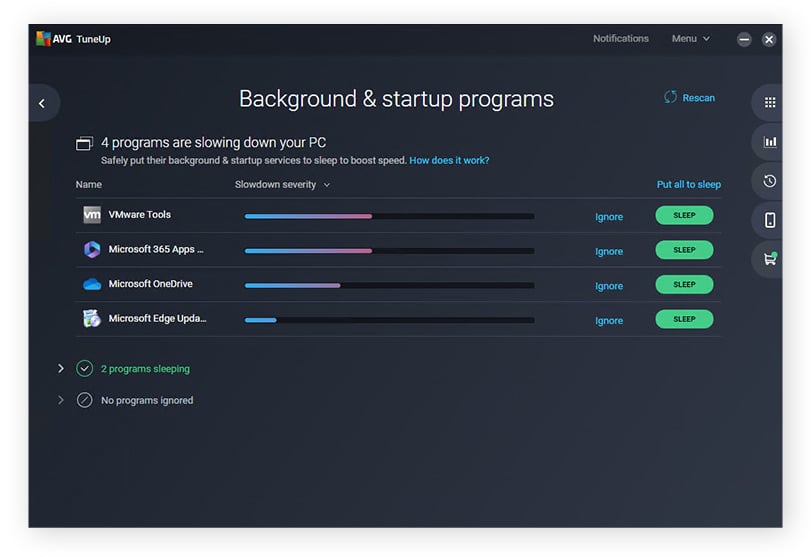 Putting background and startup programs to sleep with AVG TuneUp for Windows 10.