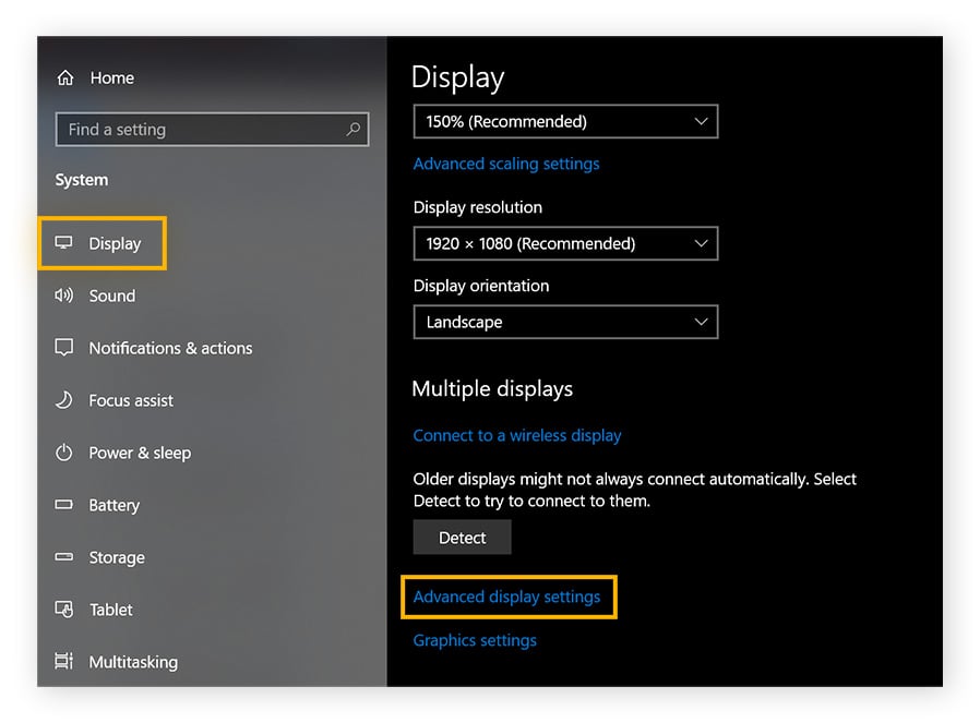 System settings, with Display selected ont he left and Advanced display settings at the bottom circled.