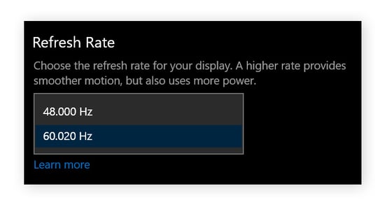 A view of different refresh rate options available to the user: 48Hz and 60.02Hz.
