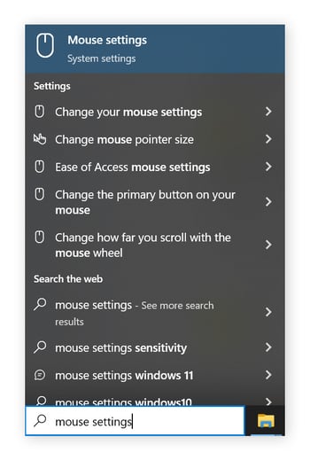 Escritura de «configuración de mouse» en la barra de búsqueda y opción Configuración del mouse resaltada.