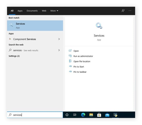Opening the Services app in Windows 10