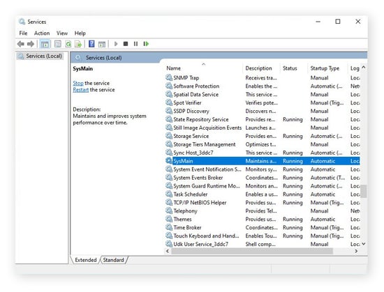 Localizar la entrada de SysMain en la aplicación Servicios de Windows 10