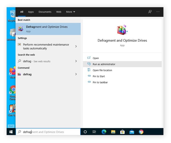 Opening the Defragment and Optimize Drives app in Windows 10