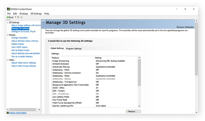 Managing 3D Settings in the Nvidia Control Panel for Windows 10