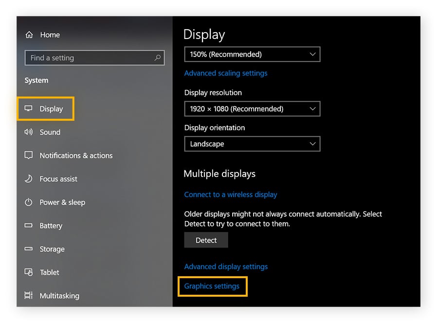 A view of the display settings in Windows, with Display on the left circled, and Graphics settings at the bottom circled.