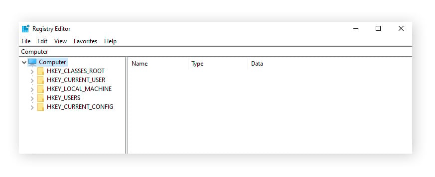 Interfaz de usuario del Editor del Registro de Windows.