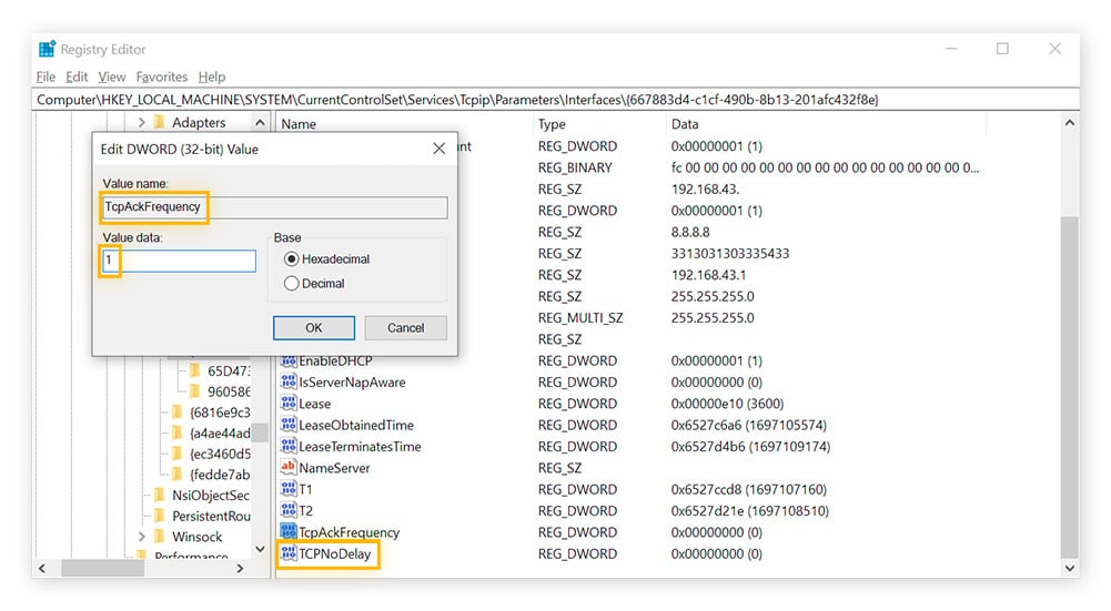 Die Werte für den Registrierungswert „TcpAckFrequency“ wurden auf 1 gesetzt.