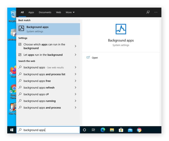 Opening the Background apps settings from the Start menu in Windows 10