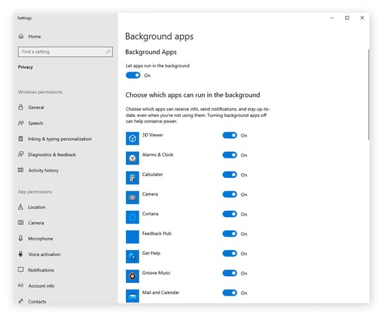 The Background apps settings in Windows 10