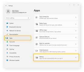 Navigating to Startup settings within Windows 11 Settings.