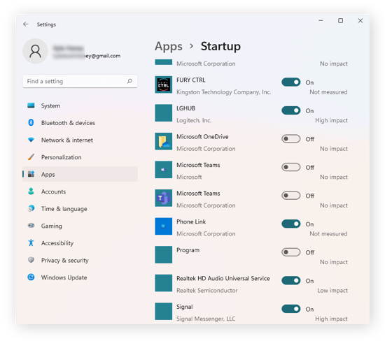 Desactivación de los programas de inicio en el menú Configuración de Windows 11.