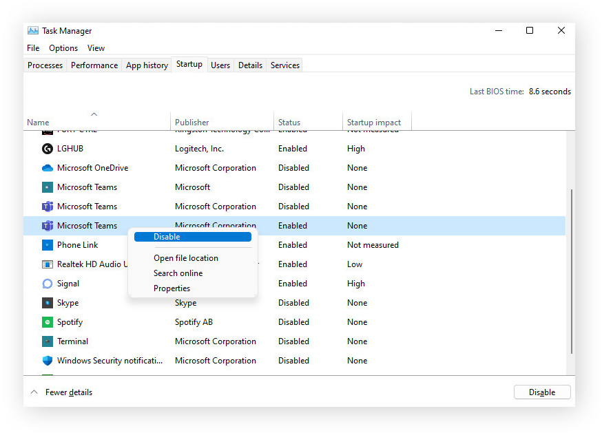 Disabling startup programs within Task Manager in Windows 11.