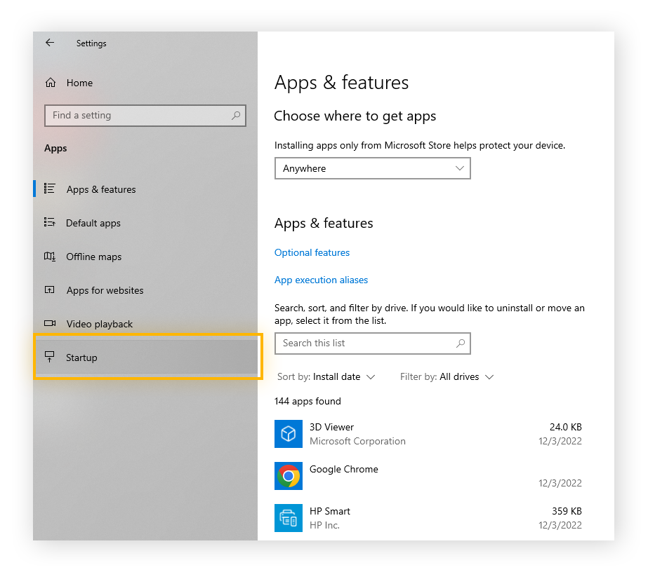 Selecting "Startup" within Windows 10 Apps Settings.