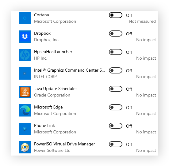 Un elenco delle app di Windows 10 con interruttori per l'attivazione o la disattivazione