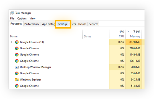 Expanded Windows 10 Task Manager with "Startup tab" highlighted