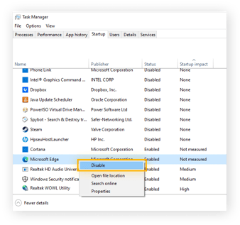 Disabling automatic startup launch for an app within Task Manager in Windows 10.